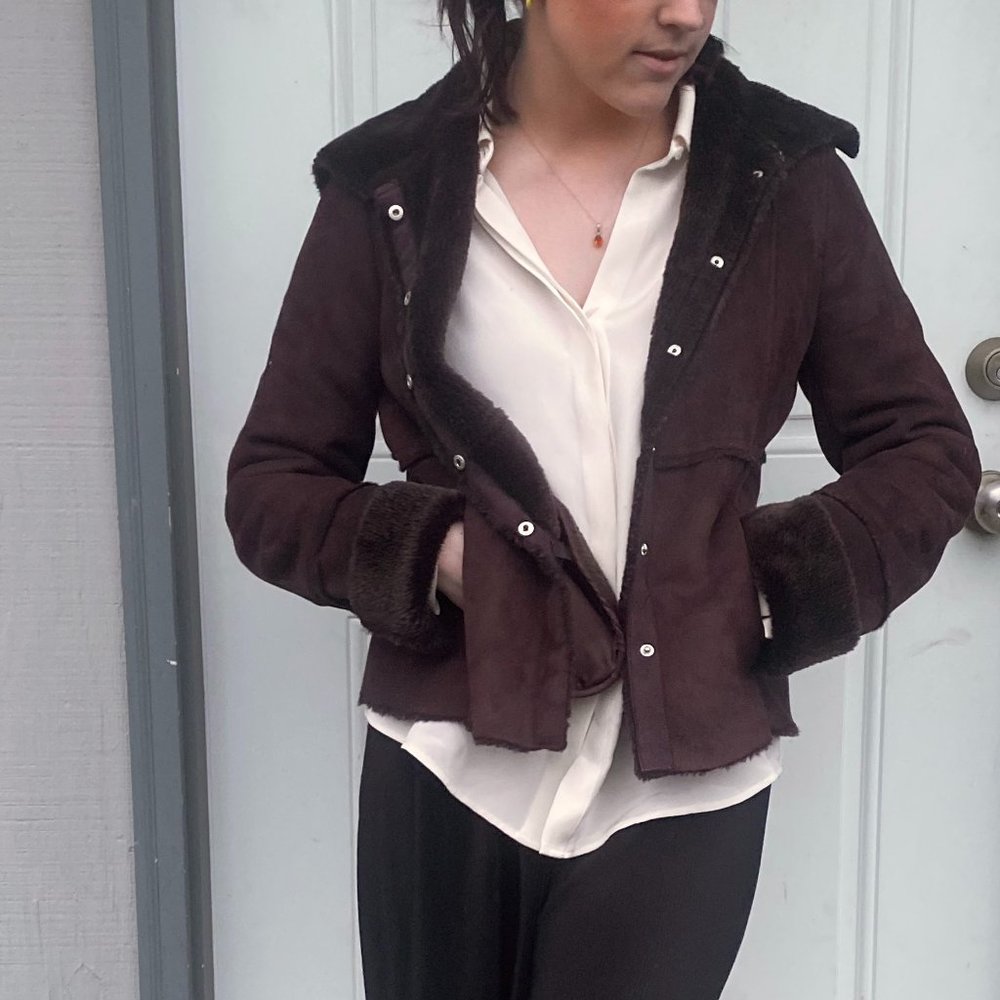 Calvin Klein Jacket Faux Fur Suede Snap Closure Sz Small Color Brown / Womens